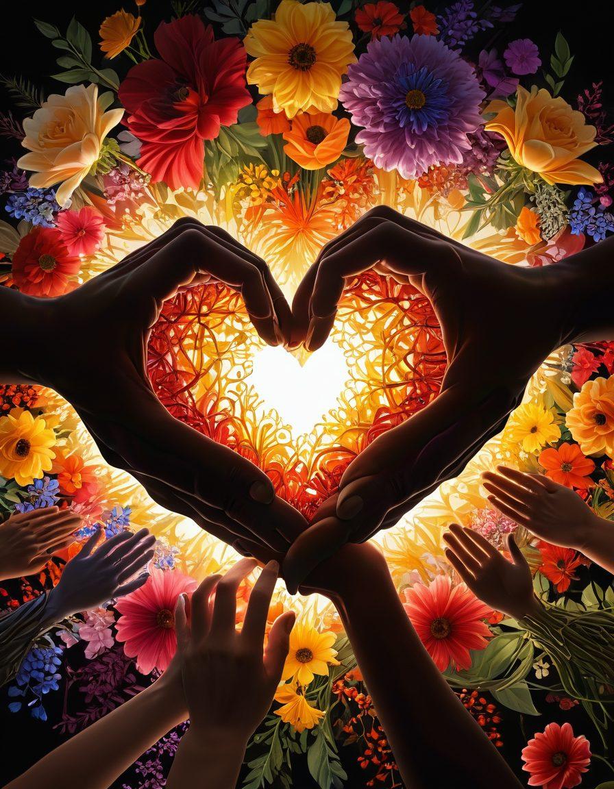A heart symbol intricately woven with hands of diverse people, representing unity and love. Surrounding the heart, flowers bloom in vibrant colors signifying growth and nurturing. In the background, a silhouette of a couple holding hands, conveying partnership and a bright future. Soft warm lighting to enhance feelings of affection and adoration. super-realistic. vibrant colors.