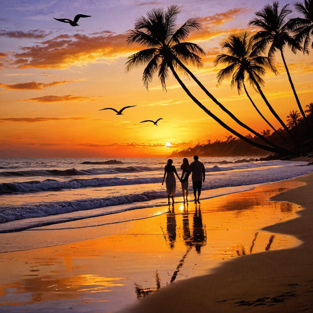 A serene couple holding hands on a sun-kissed beach at sunset, surrounded by soft waves and golden light, embodying love and intimacy. The sky is a canvas of warm hues, and they are smiling tenderly at each other, with gentle footprints in the sand. Include elements of nature like seagulls and palm trees in the background to enhance the romantic atmosphere. painting. vibrant colors. serene ambiance.