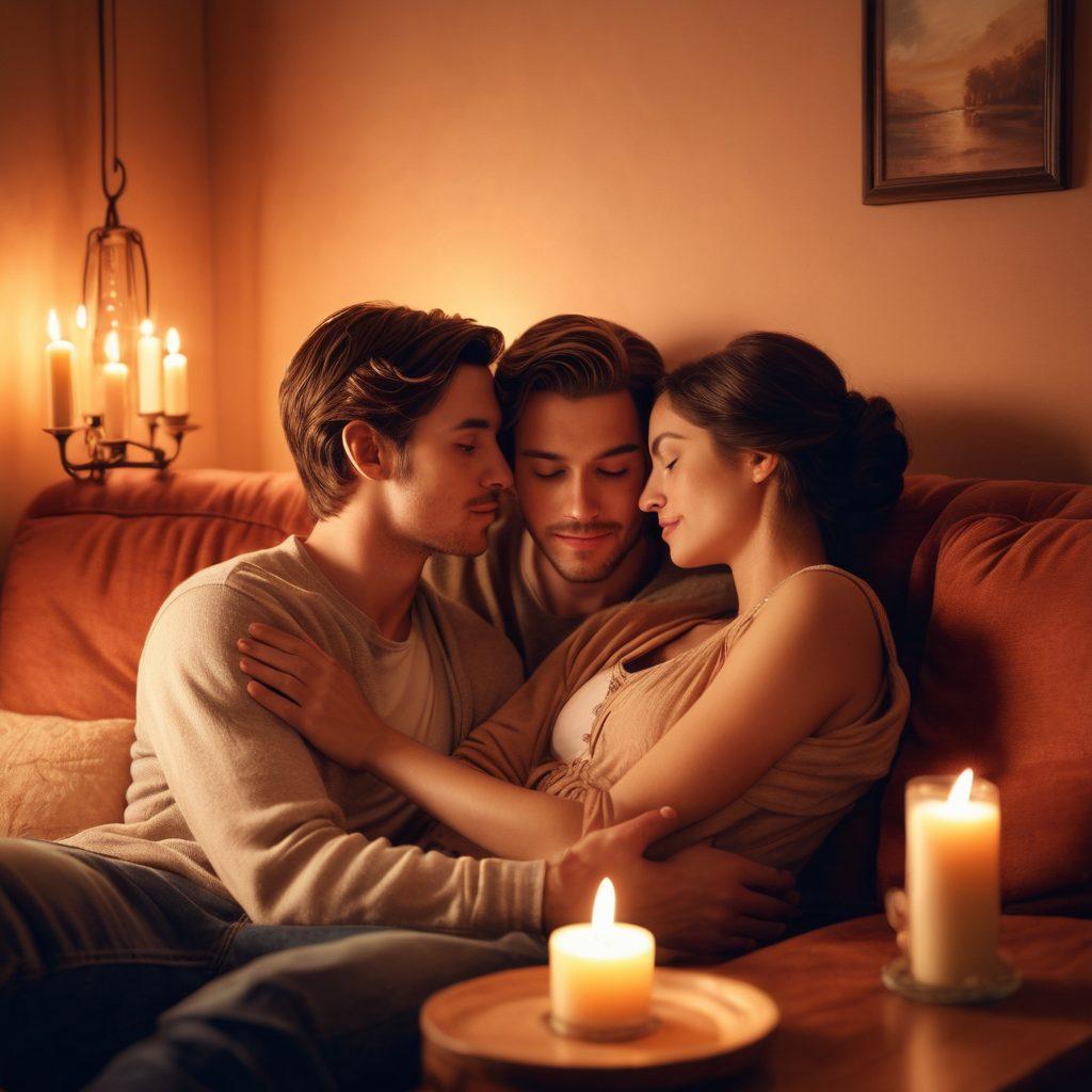 A captivating romantic scene featuring a couple sitting closely on a cozy couch, surrounded by dim warm lighting, softly illuminated by candles. They are sharing a heartfelt conversation, with subtle symbols of connection like intertwined hands and a heart-shaped object in the background. The atmosphere exudes warmth and intimacy, inviting viewers to feel the depth of emotional bonds. illustration style: super-realistic, warm tones, soft focus.